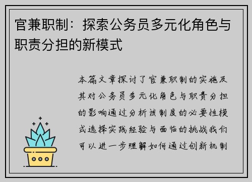 官兼职制：探索公务员多元化角色与职责分担的新模式