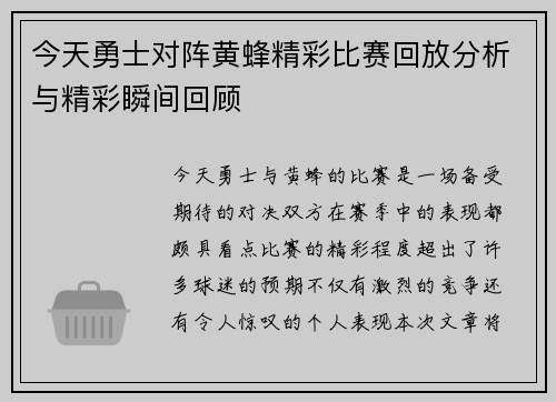 今天勇士对阵黄蜂精彩比赛回放分析与精彩瞬间回顾